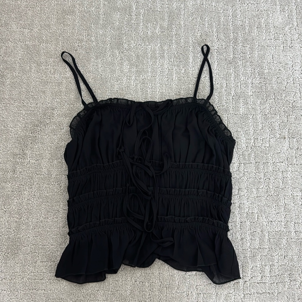 fashion nova black ruffle lace tank top going out holiday flouncy tie up